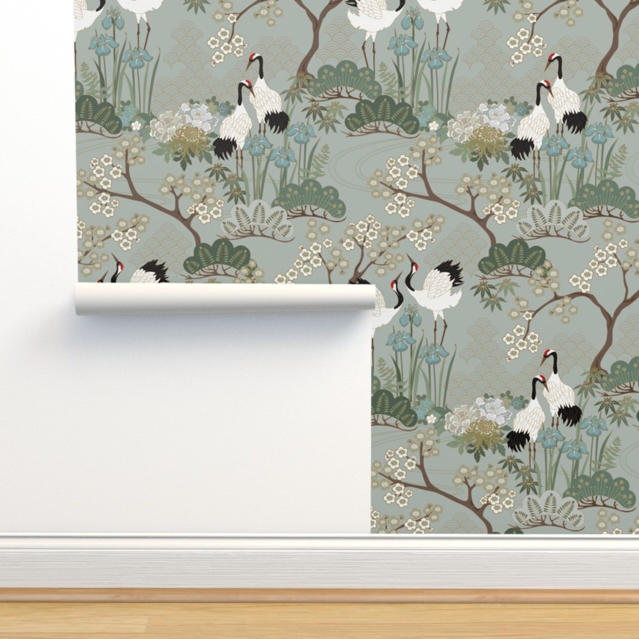 Crane Chinoiserie Sakura Cherry Blossom Floral Birds And Flowers Gardens Custom Pre-pasted Wallpaper by Spoonflower Pre-Pasted Wallpaper 2FT Wide